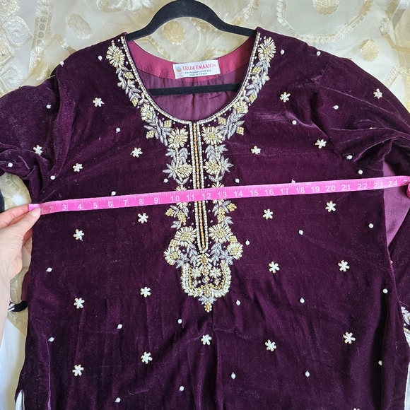 Purple Velvet Embroidered Pakistani/Punjabi/Indian Suit by Erum Emaan - Size XL - Picture 13 of 15
